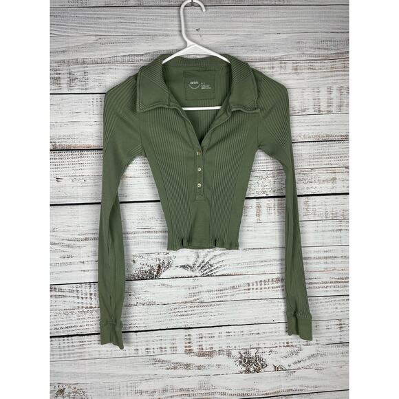 Aerie Ribbed Long Sleeve Collared Half Button XSmall Green 90s Crop Y2K Preppy - Picture 1 of 8